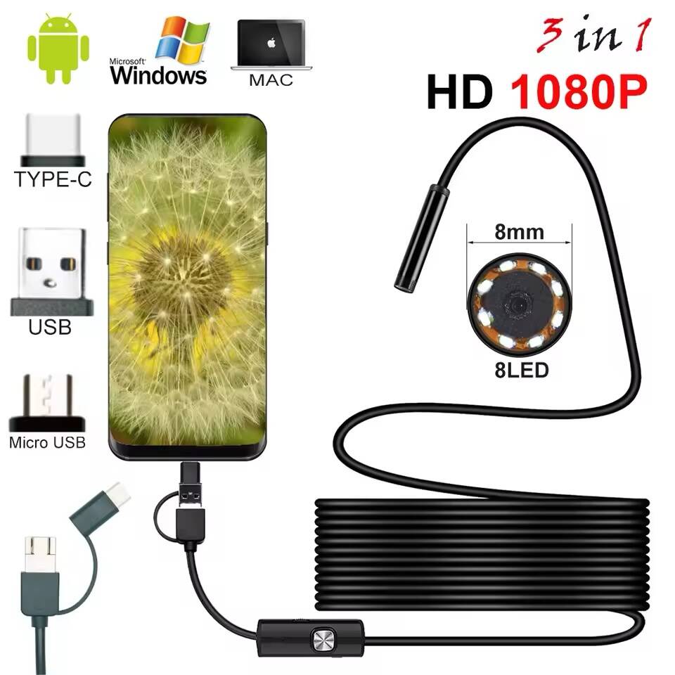 Caméra Endoscope 8mm 1080P HD - USB Étanche avec Câble Flexible 2M et 8 LED pour Android et PC (Kinshasa)