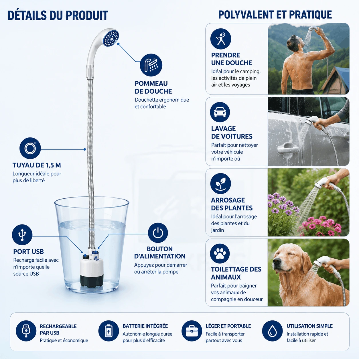 Douche Portable Rechargeable – Pompe Électrique Extérieure Multifonction – Image 3