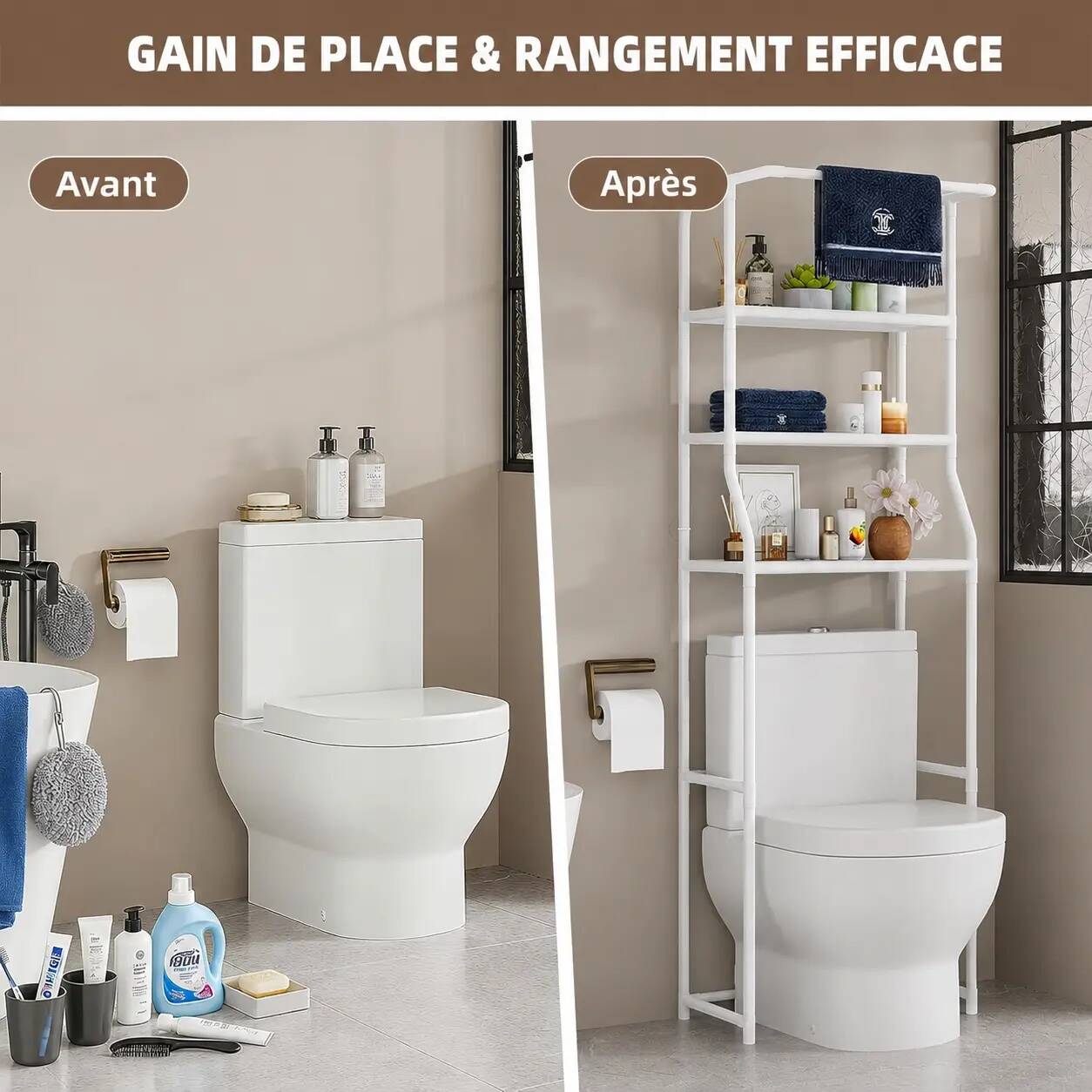 Étagère de Salle de Bain au-dessus des Toilettes – Rangement 3 Niveaux avec Porte-Serviette – Image 2
