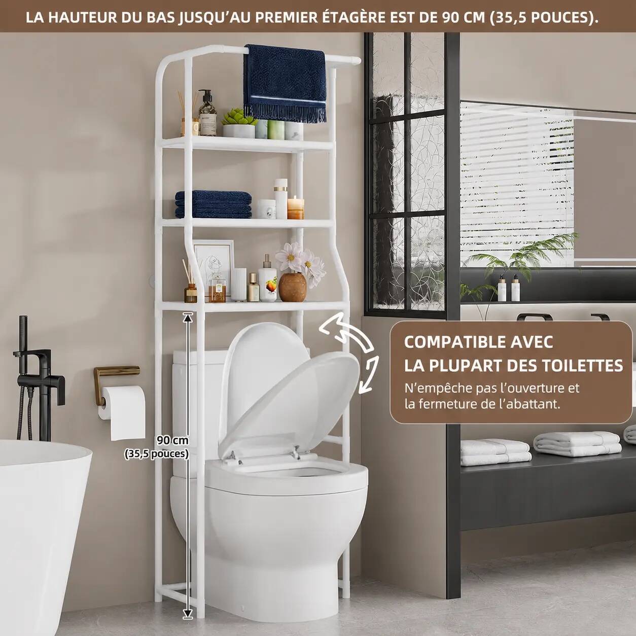Étagère de Salle de Bain au-dessus des Toilettes – Rangement 3 Niveaux avec Porte-Serviette – Image 3