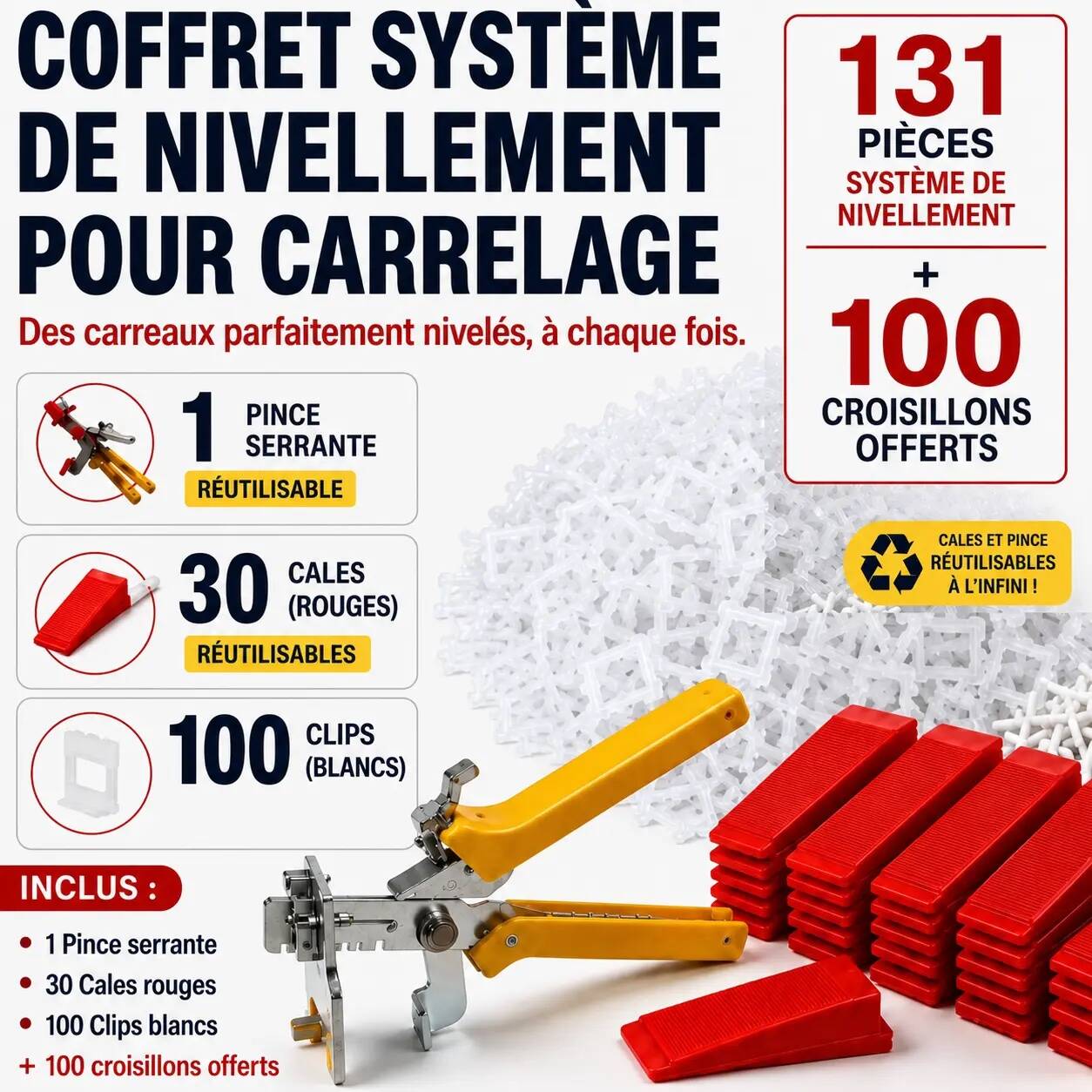 Kit Nivellement Carrelage Pro 131 Pièces + 100 Croisillons Offerts