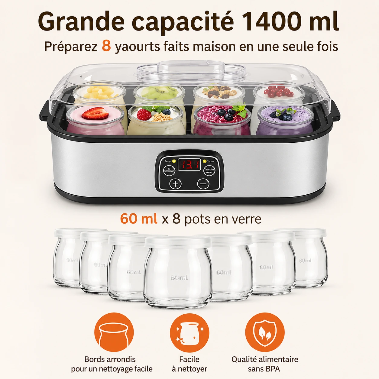 Yaourtière Électrique 1,4L avec 8 Pots — Température & Temps Réglables – Image 4