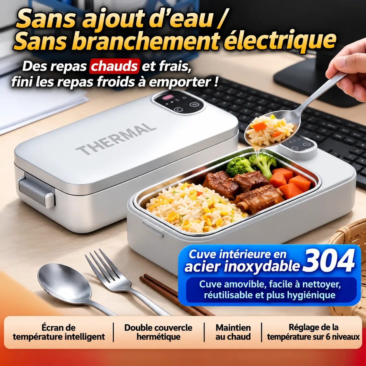 Lunch Box Chauffante 304 Inox 900ML — Chauffage USB