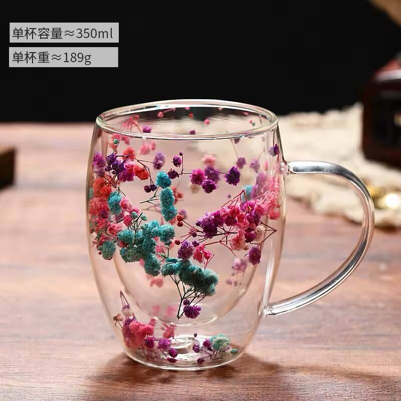 Pack de 2 Tasses Double Paroi Élégante avec Fleurs Séchées et Anse 350 ml