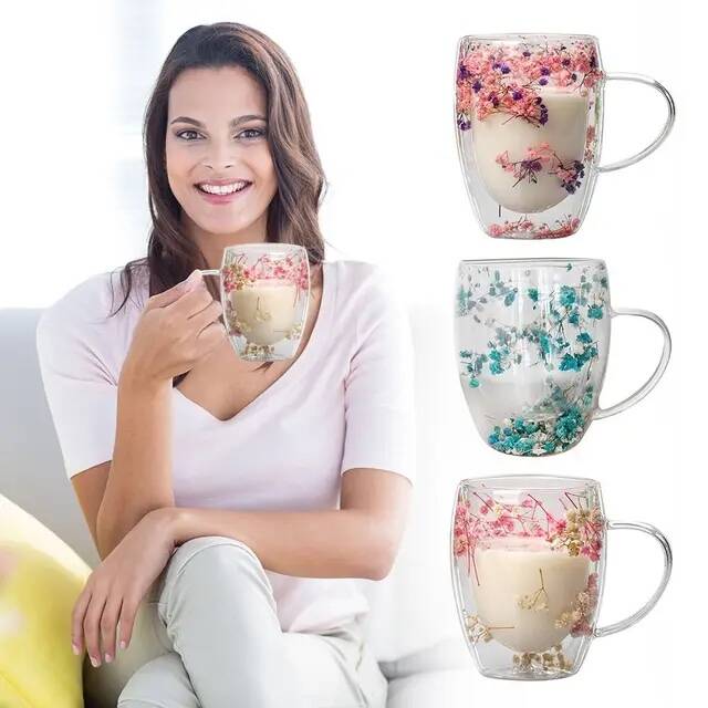 Pack de 2 Tasses Double Paroi Élégante avec Fleurs Séchées et Anse 350 ml – Image 3