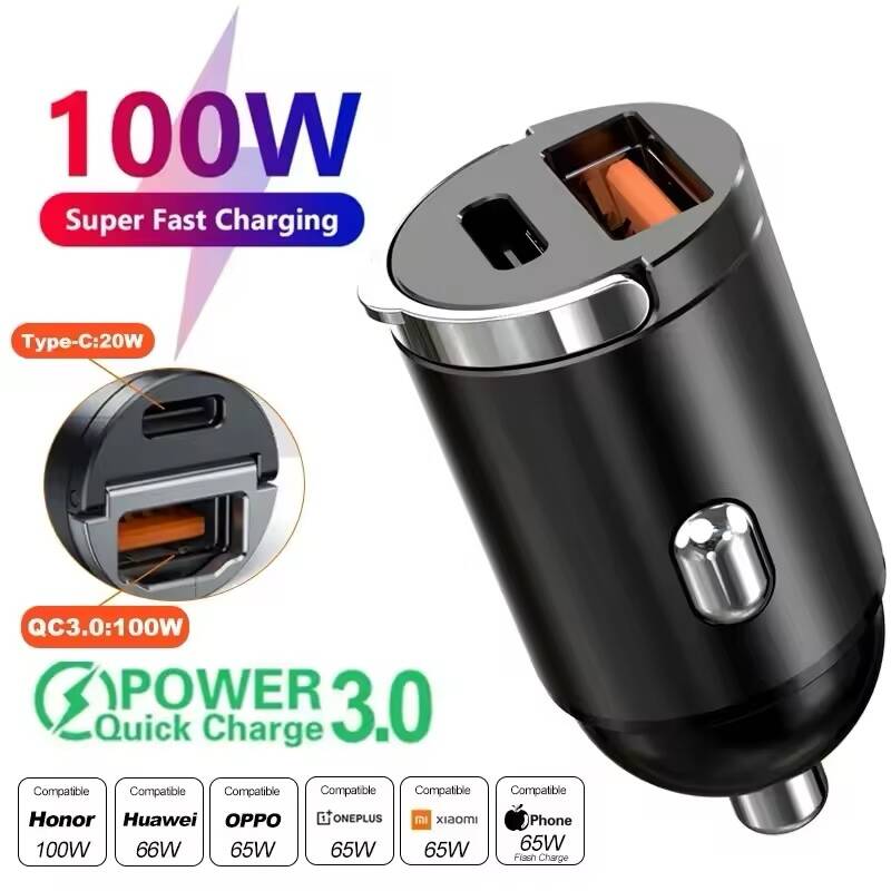 Mini Chargeur Voiture 100W USB Double Port – Ultra Rapide, Aluminium Premium