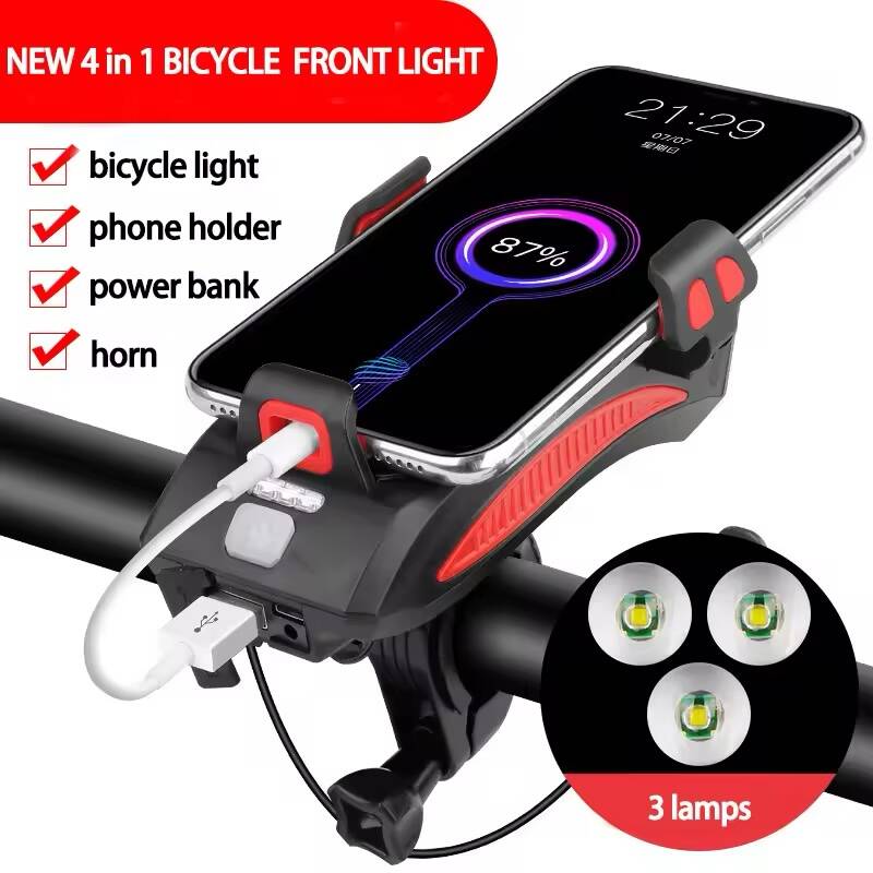4 en 1 Lumière Vélo Multifonction – Klaxon, Support Téléphone, Lampe & Power Bank