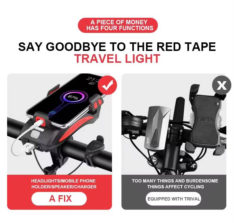 4 en 1 Lumière Vélo Multifonction – Klaxon, Support Téléphone, Lampe & Power Bank – Image 4